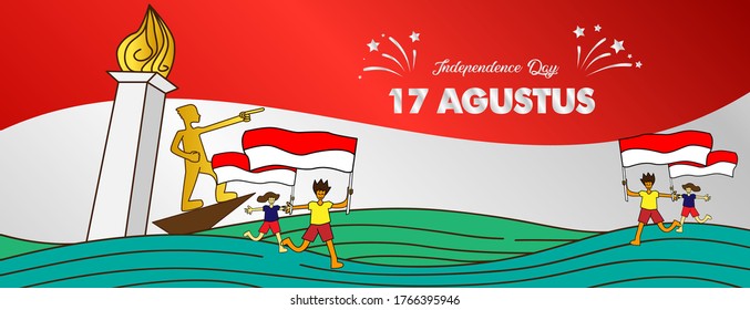 17 agustus, Indonesia Independence day, banner template vector with red and white color illustration of people holding flags