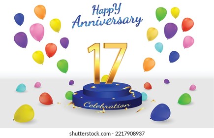 17 aniversary celebration background. 17th anniversary banner. 17 year anniversary celebration with podium and balloon on white background.