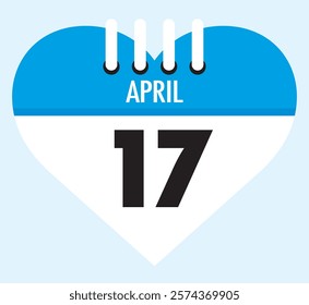 17 April calendar icon blue heart shape on light sky blue color background, calendar vector symbol for the month of April.