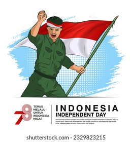 17 August 2023. Indonesia independence day soldier holding flag, translation of slogan is "Keep Moving Forward for Advanced Indonesia"