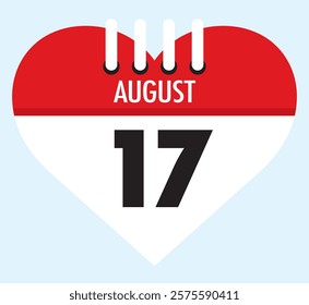 17 August calendar icon red heart shape on light sky blue color background, calendar vector symbol for the month of August.