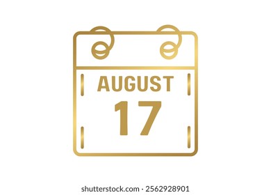 17 August calendar icon text page monthly web design on golden and white background vector, icon, or illustration with the month of August 17