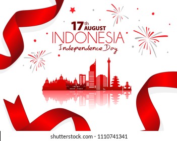 17 August. Indonesia Happy Independence Day greeting card. Waving indonesian ribbon / flags isolated on white background. Patriotic Symbolic background Vector illustration