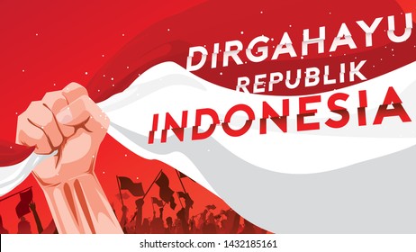 17 August. Indonesia Happy Independence Day greeting card with hands clenched, Spirit of freedom symbol. Use for banner, and background . - Vector