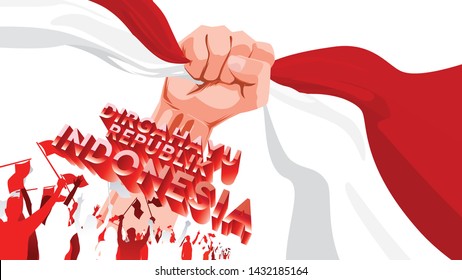 17 August. Indonesia Happy Independence Day greeting card with hands clenched, Spirit of freedom symbol. Use for banner, and background . - Vector