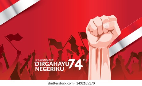 17 August. Indonesia Happy Independence Day greeting card with hands clenched, Spirit of freedom symbol. Use for banner, and background . - Vector