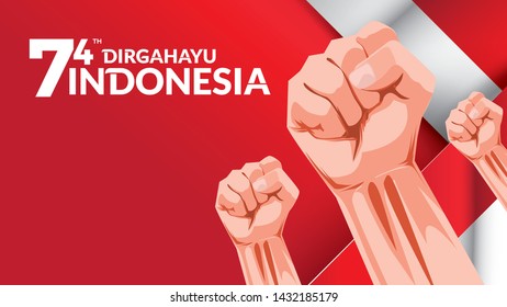 17 August. Indonesia Happy Independence Day greeting card with hands clenched, Spirit of freedom symbol. Use for banner, and background . - Vector