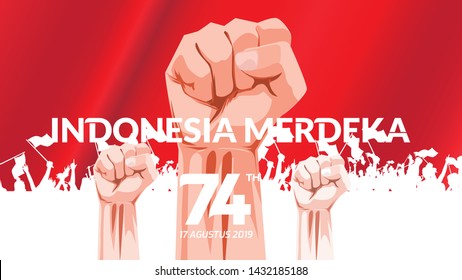 17 August. Indonesia Happy Independence Day greeting card with hands clenched, Spirit of freedom symbol. Use for banner, and background . - Vector