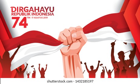17 August. Indonesia Happy Independence Day greeting card with hands clenched, Spirit of freedom symbol. Use for banner, and background . - Vector