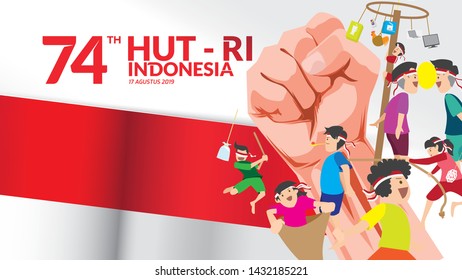 17 August. Indonesia Happy Independence Day greeting card with hands clenched and traditional games. Spirit of freedom symbol. Use for banner, and background . - Vector