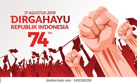 17 August. Indonesia Happy Independence Day greeting card with hands clenched, Spirit of freedom symbol. Use for banner, and background . - Vector