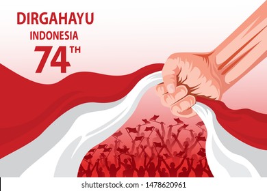 17 August. Indonesia Happy Independence Day greeting card with hands clenched, Spirit of freedom symbol. Use for banner, wallapaper and background