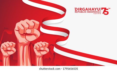 17 August. Indonesia Happy Independence Day greeting card with hands clenched, Spirit of freedom symbol. Use for banner, and white background. Vector illustration.