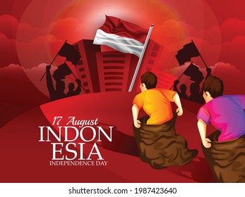 17 August, Indonesia Happy Independence Day. Red background with flag, and landmarks, climbing game with hanging