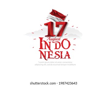 17 August, Indonesia Happy Independence Day. Red background with flag, and landmarks, climbing game with hanging
