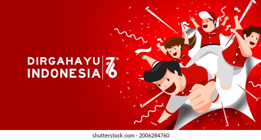 17 August. Indonesia Happy Independence Day greeting card with family, kids joy together for 76 years indonesia freedom