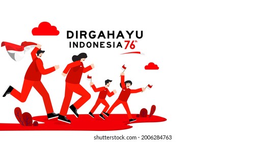 17 August. Indonesia Happy Independence Day greeting card with family, kids joy together for 76 years indonesia freedom