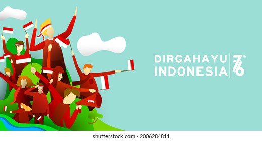 17 August . Indonesia Happy Independence Day greeting card with young people. Spirit of freedom symbol 76 years indonesia free