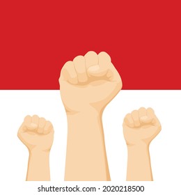 17 August. Indonesia Happy Independence Day. indonesian flag background with hands clenched, Spirit of freedom symbol. design vector illustration.