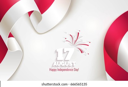 17 August. Indonesia Happy Independence Day greeting card. Waving indonesian flags isolated on white background. Patriotic Symbolic background  Vector illustration