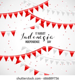 17 August. Indonesia Happy Independence Day greeting card. Waving Indonesian flags isolated on white background. Patriotic Symbolic background Vector illustration