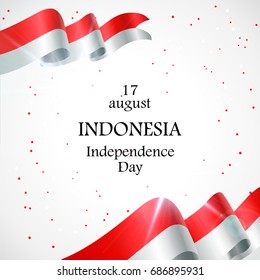 17 August. Indonesia Happy Independence Day greeting card. Waving indonesian flags isolated on white background. Patriotic Symbolic background Vector illustration. 