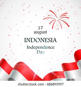 17 August. Indonesia Happy Independence Day greeting card. Waving indonesian flags isolated on white background. Patriotic Symbolic background Vector illustration