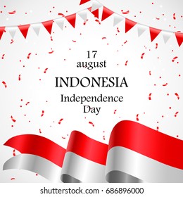 17 August. Indonesia Happy Independence Day greeting card. Waving indonesian flags isolated on white background. Patriotic Symbolic background Vector illustration