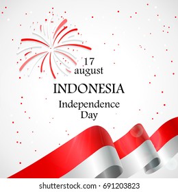 17 August. Indonesia Happy Independence Day greeting card. Waving indonesian waving flags with firework and confetti isolated on white background. Patriotic Symbolic background Vector illustration