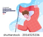 17 august Indonesia Independence Day illustration with person holding Indonesia national flag. can be used for greeting card, website, poster, banner, postcard. 