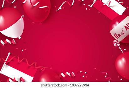 17 August. Indonesia independence day celebration background with balloons, flag and confetti. Festive frame flat lay. Vector illustration