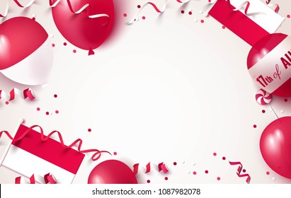 17 August. Indonesia independence day celebration background with balloons, flag and confetti. Festive frame flat lay. Vector illustration 17 August. Indonesia independence day celebration background with balloons, flag and confetti. Festive frame flat lay. Vector illustration