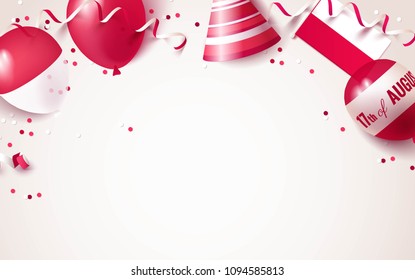 17 August. Indonesia independence day celebration background with balloons, flag and confetti. Festive frame flat lay. Vector illustration