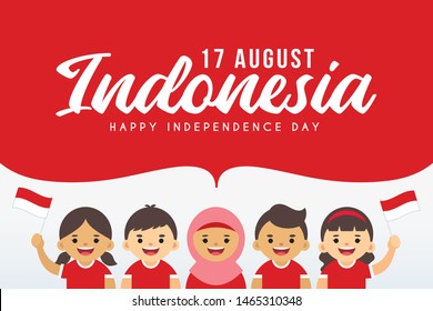 17 August - Indonesia Independence Day greeting card. Cute cartoon Indonesian holding Indonesia flag with speech bubble in flat vector design.
