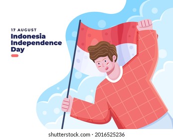 17 august Indonesia Independence Day illustration with person holding Indonesia national flag. can be used for greeting card, website, poster, banner, postcard. 