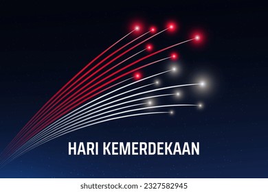 17 august, indonesia independence day, Indonesian fireworks flag on blue night sky background. Indonesian national holiday august 17th. Greeting card. Vector. Translation: Independence Day