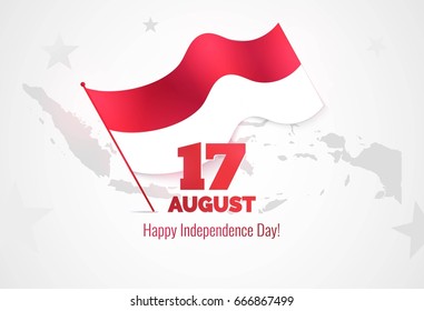 17 August. Indonesia Independence Day greeting card. Celebration background  with map silhouette and waving flag.  Vector illustration