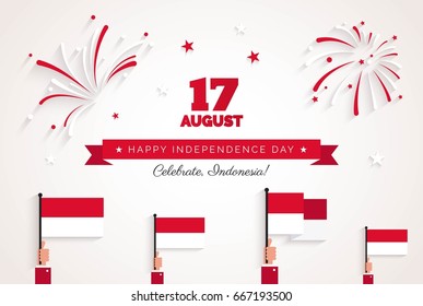 17 August. Indonesia Independence Day greeting card.  Celebration background with fireworks, flags and text. Vector illustration