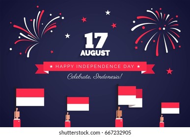 17 August. Indonesia Independence Day greeting card.  Celebration background with fireworks, flags and text. Vector illustration