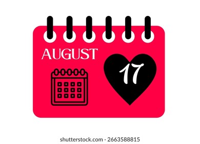 17 de agosto Mes Vector de un solo día, ilustración, calendario con fondo de color rojo, negro y blanco Icono de calendario del 17 de agosto