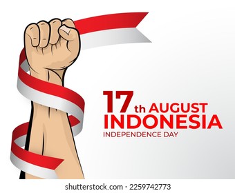 17 de agosto. Imagen vectorial de la tarjeta de felicitación del Día de la Independencia feliz para el país de Indonesia con puños apretados y una cinta de la bandera. Usar para banners en fondo blanco.