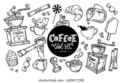 17 barista tools for making coffee. Set collection of graphic vector illustrations on a white isolated background. For use in the design of a cafe, bistro, restaurant, web design and printing.