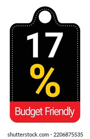 17% Budget Friendly sign tag, label vector art Black Background white and yellow lettering