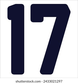 17 Classic Vintage Sport Jersey Uniform numbers in black with a black outside contour line number on white background for American football, Baseball and Basketball or soccer for shirt