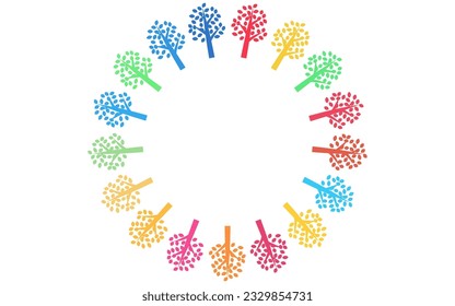 17 colorful trees in SDGs colors, copy space in the center, Vector Illustration