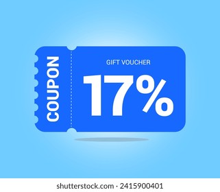17% coupon promotion sale. Seventeen percent Vector Gift Voucher. Blue discount, lucky ticket, special offer promo. Web, shopping label, percent sign. Special price offers.