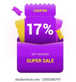 17% coupon promotion sale. Seventeen percent off super sale design. Envelope with paper vouchers and gift voucher. Vector illustration. Purple and yellow style.