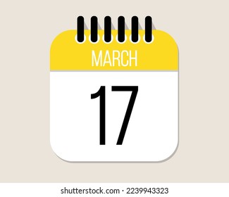 17 day March calendar vector. March month calendar page icon in yellow.