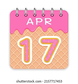 17 day of the month. April. Waffle cone calendar with melted ice cream. 3d daily icon. Date. Week Sunday, Monday, Tuesday, Wednesday, Thursday, Friday, Saturday. White background. Vector illustration.