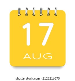 17 day of the month. August. Cute yellow calendar daily icon. Date day week Sunday, Monday, Tuesday, Wednesday, Thursday, Friday, Saturday. Cut paper. White background. Vector illustration.